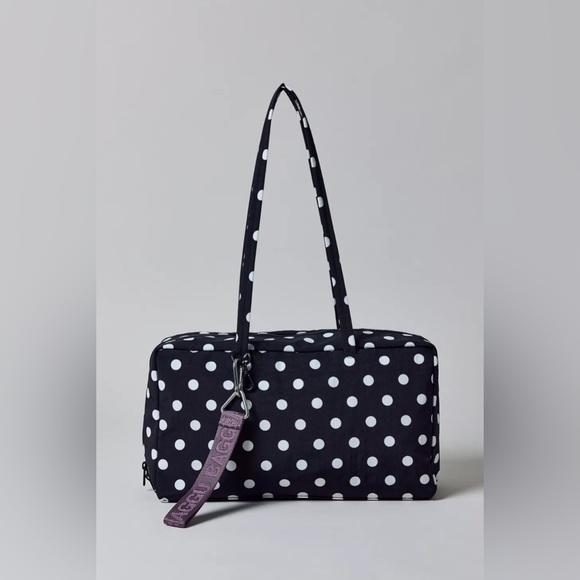 NWT Baggu Medium Nylon Bowler Bag Black White Polka Dot - Picture 2 of 9